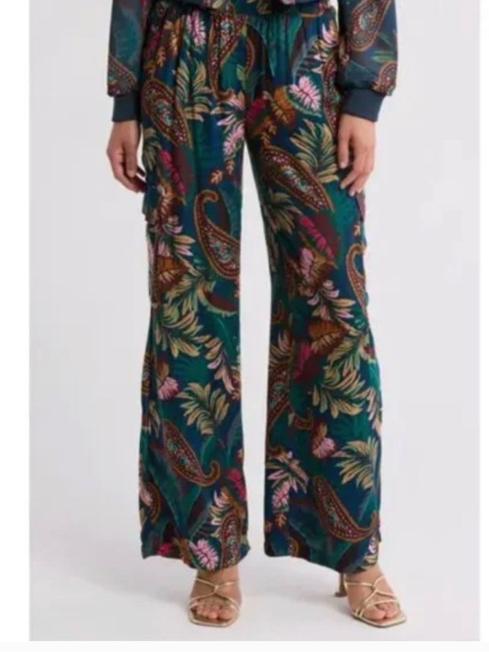 Tahari Teal Paisley Wide-Leg Pull-On Pants